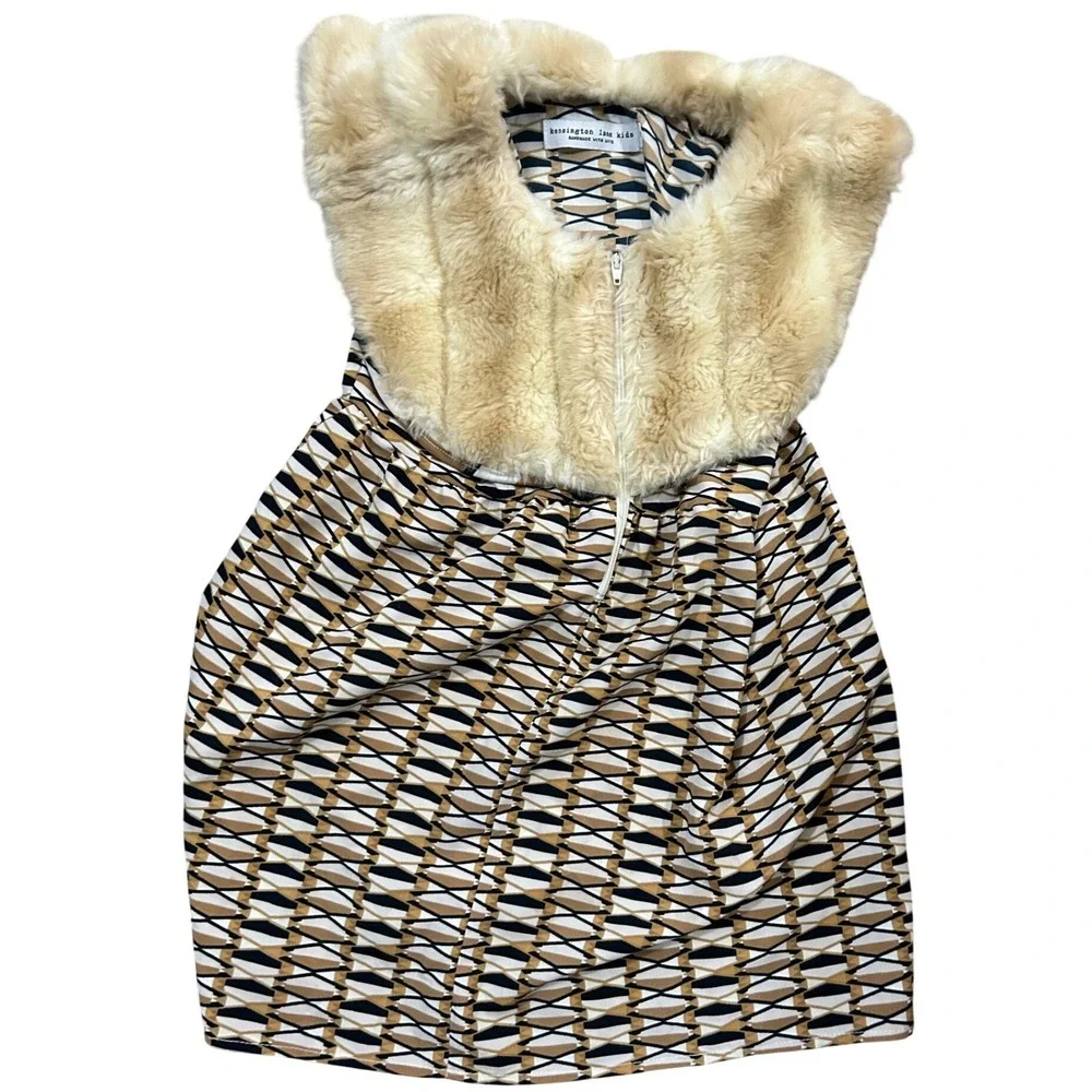 Kensington‎ Lane Kids Geometric Faux Fur Collar Dress Tan Black White Handmade